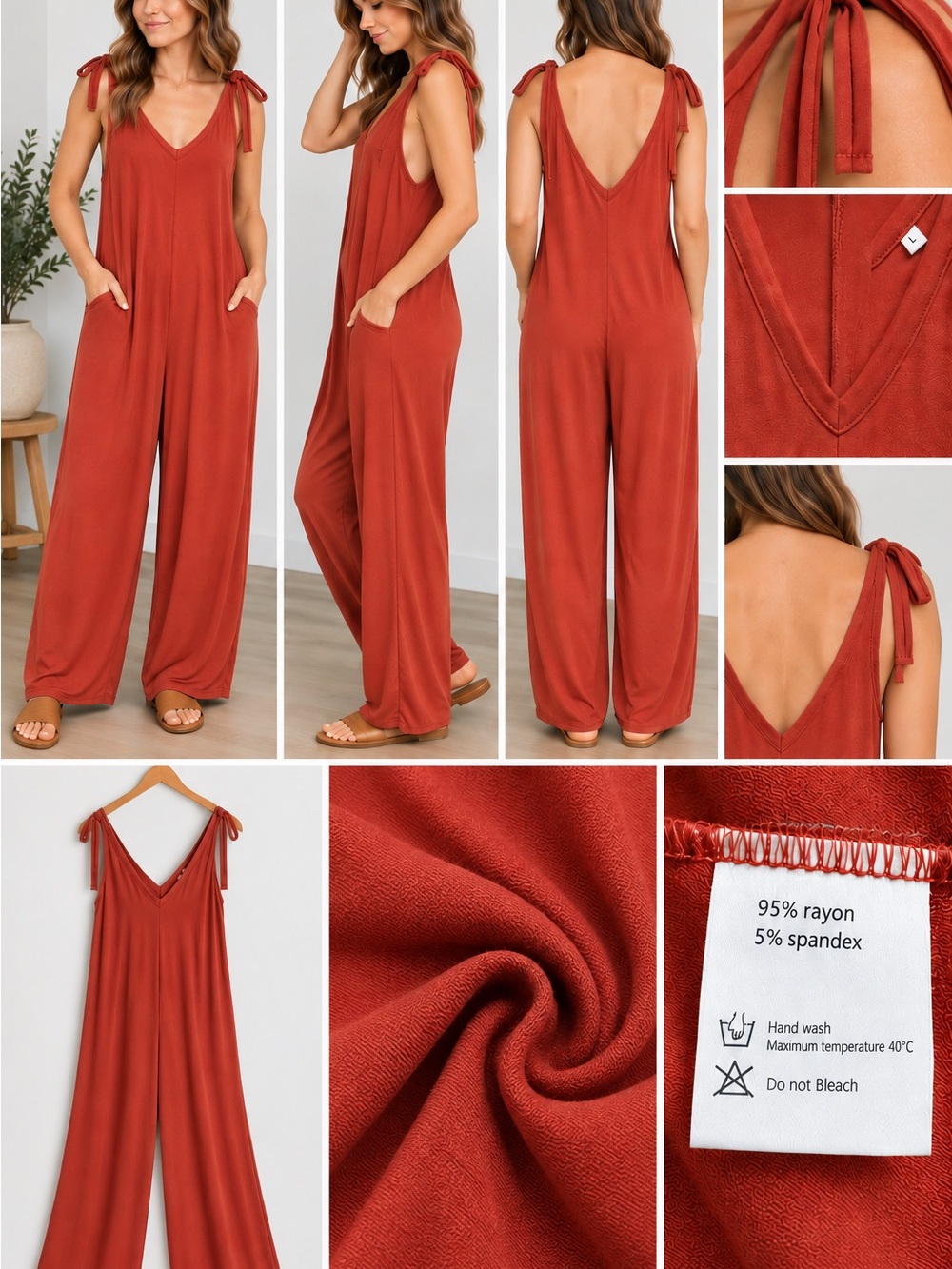 Sleeveless Tie-Shoulder Wide-Leg Jumpsuit - Rust